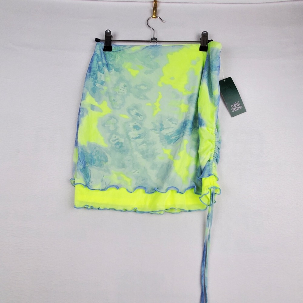 Wild Fable Mini Skirt Womens XS Green Tie-Dye Polyester Mesh Side Ruched Coverup